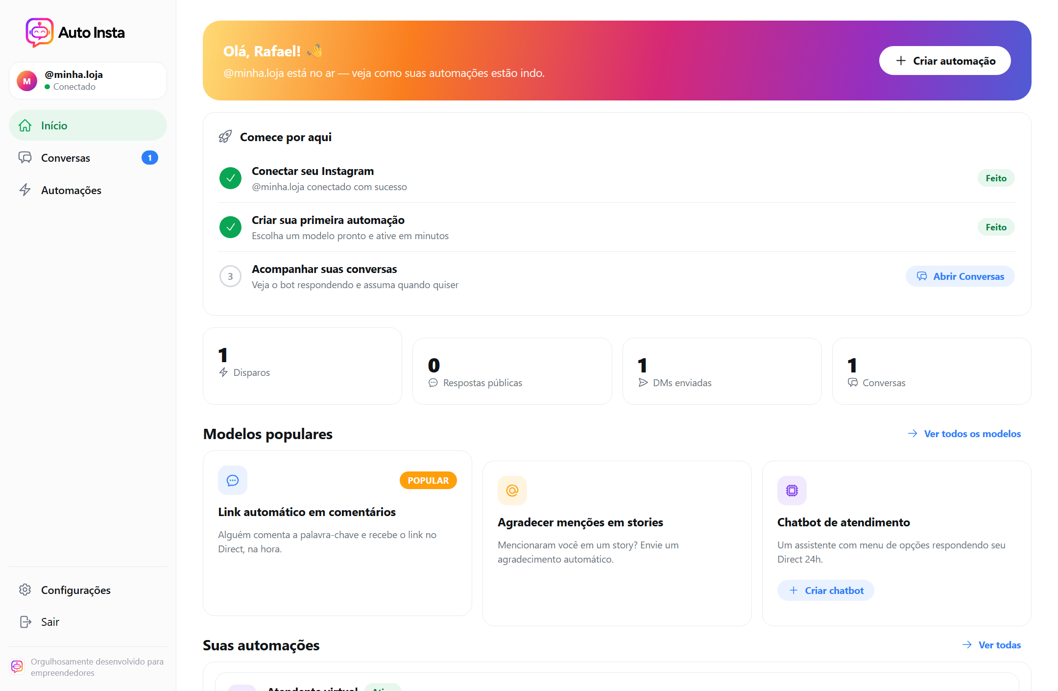 Painel do Auto Insta com automações ativas